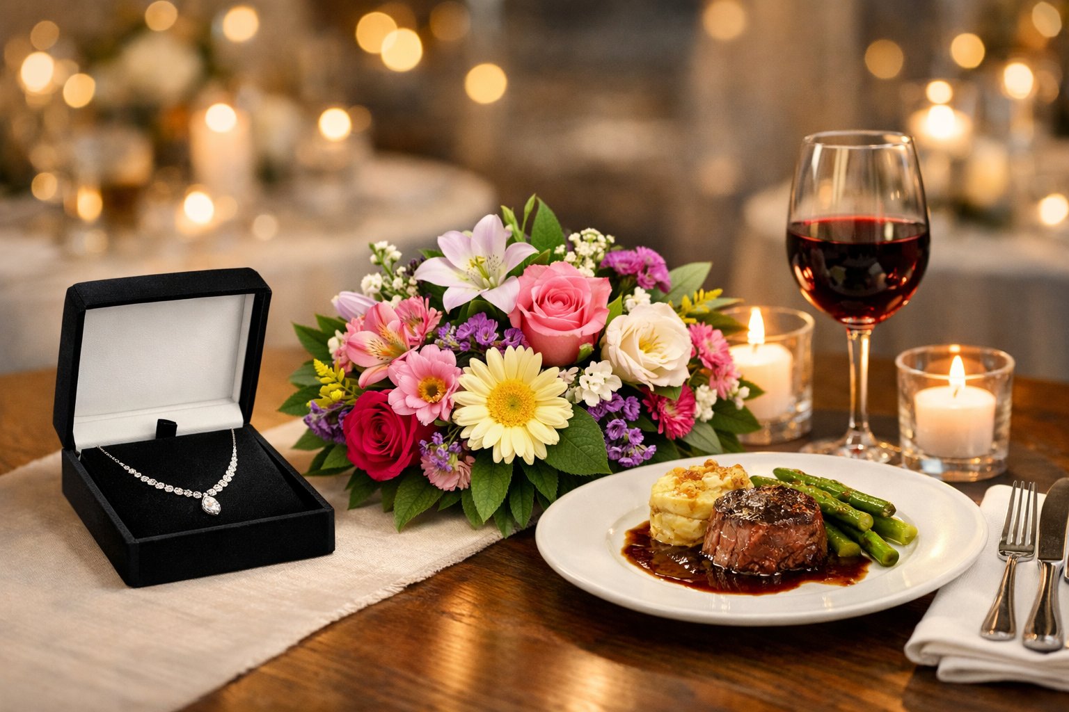 A table with an open jewelry box showing a necklace, a colorful bouquet of flowers, and a plated gourmet dinner with wine and candlelight.