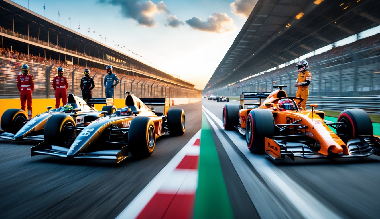 Gambar yang memperlihatkan perbandingan antara mobil dan pembalap Formula 1 dari era klasik di sebelah kiri dan era modern di sebelah kanan dalam adegan balapan.