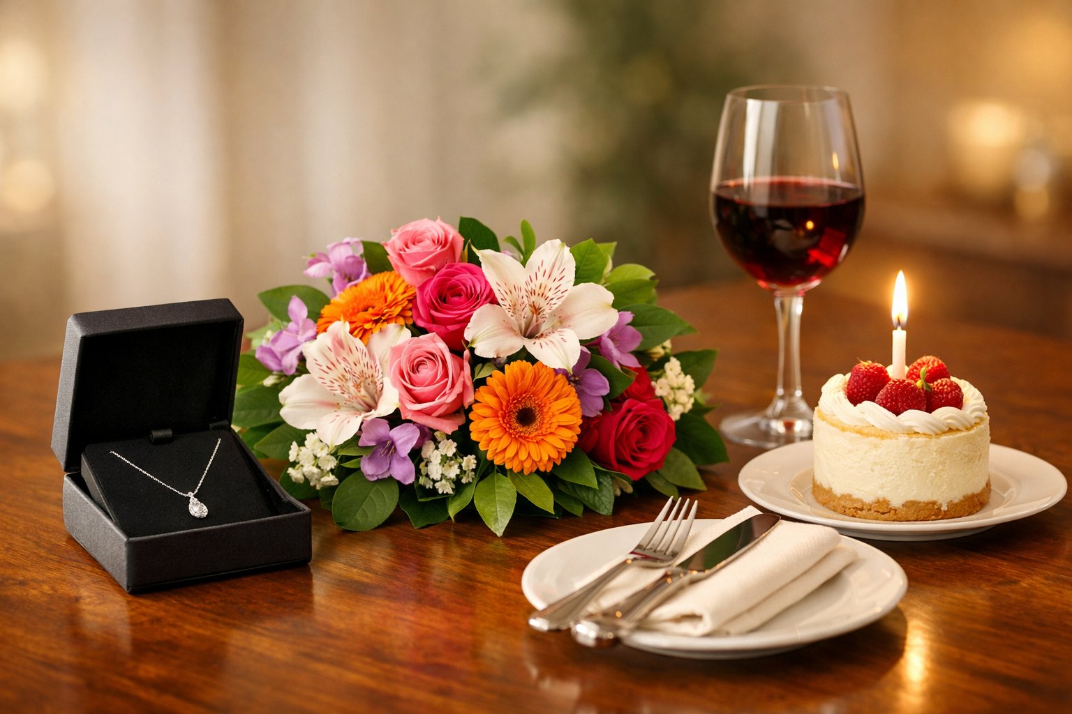A table displaying a jewelry box with a necklace, a bouquet of flowers, and a set dinner table with a cake and wine glass, representing different achievement gifts.