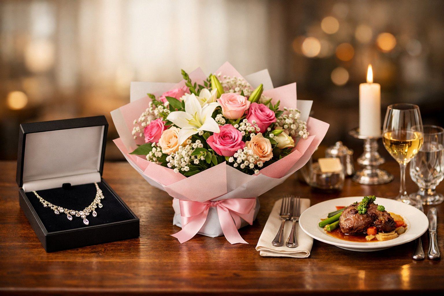 A table displaying an open jewelry box with a necklace, a colorful bouquet of flowers, and a set dining table with a meal and candle.