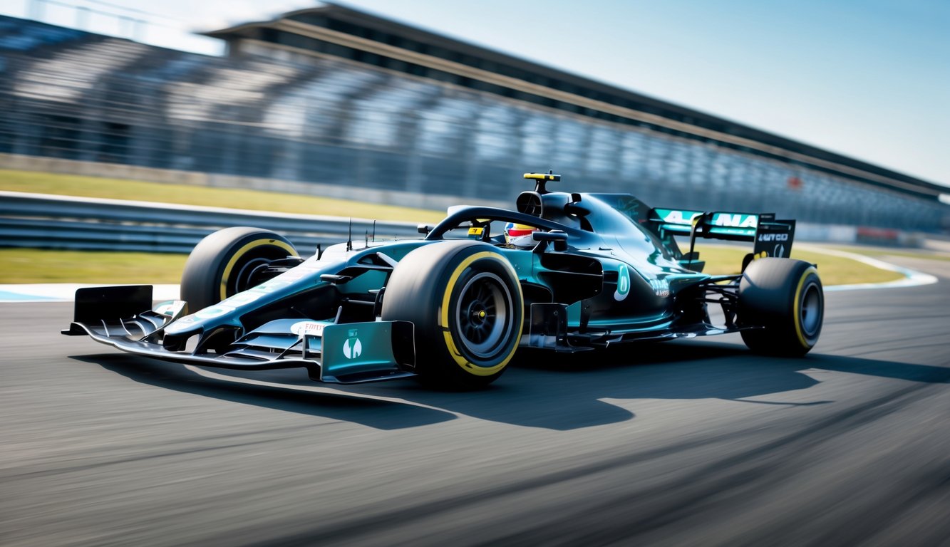 Mobil Formula 1 modern dengan desain aerodinamika canggih sedang melaju di lintasan balap pada hari cerah.