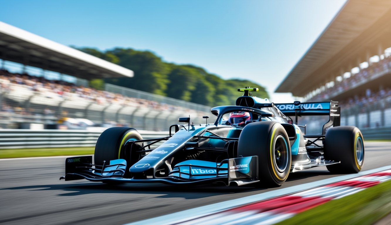 Mobil Formula 1 modern sedang melaju di lintasan balap dengan fokus pada desain aerodinamisnya.