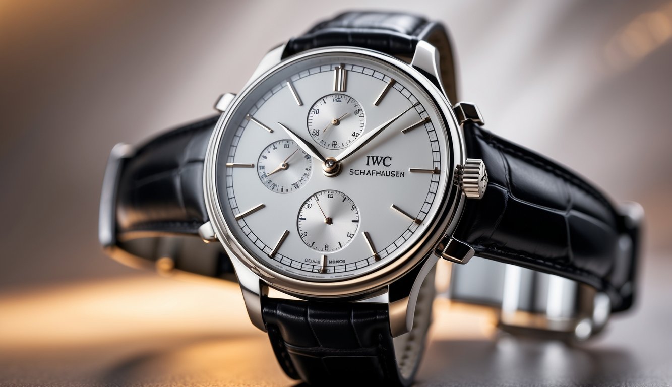 Foto close-up jam tangan mewah IWC Schaffhausen dengan tali kulit hitam dan casing baja tahan karat, diletakkan di latar belakang netral.