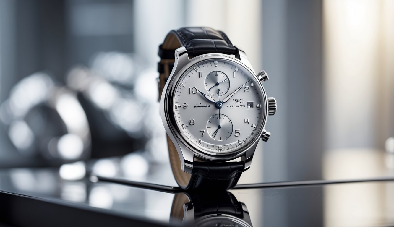 Foto jam tangan IWC Schaffhausen mewah dengan desain elegan dan detail yang jelas pada permukaan reflektif.