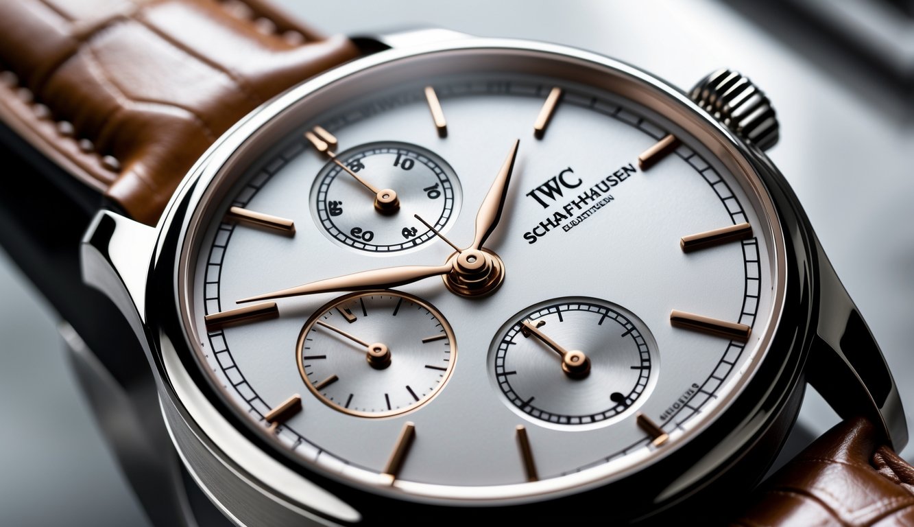 Foto close-up jam tangan IWC Schaffhausen yang menampilkan desain mewah dan detail yang elegan.
