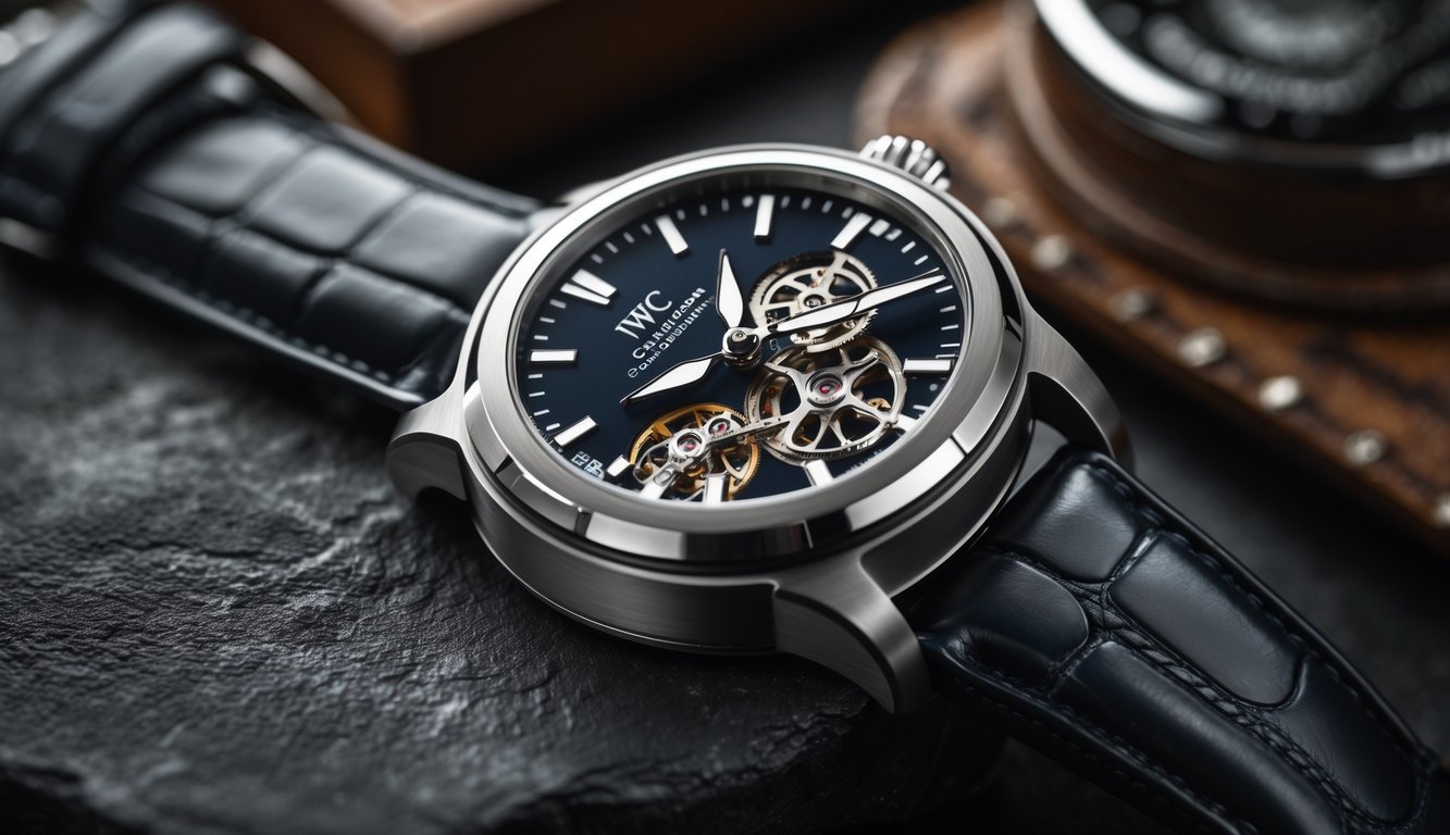 Foto close-up jam tangan pria mewah dengan desain kokoh dan detail mekanis, diletakkan di atas permukaan gelap dengan latar belakang kabur.