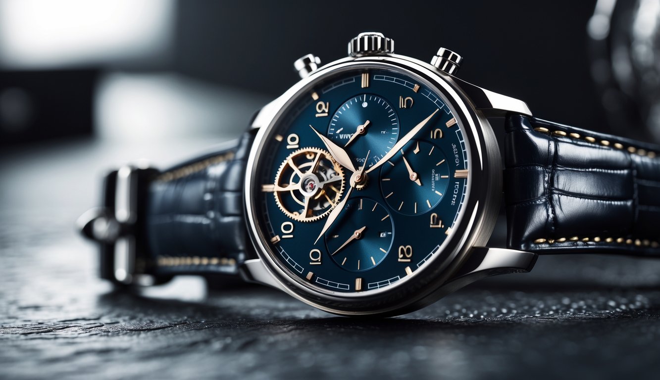 Foto close-up jam tangan mekanik mewah dengan desain kokoh dan detail halus, diletakkan di atas permukaan gelap yang menonjolkan kemegahan dan ketangguhan maskulin.