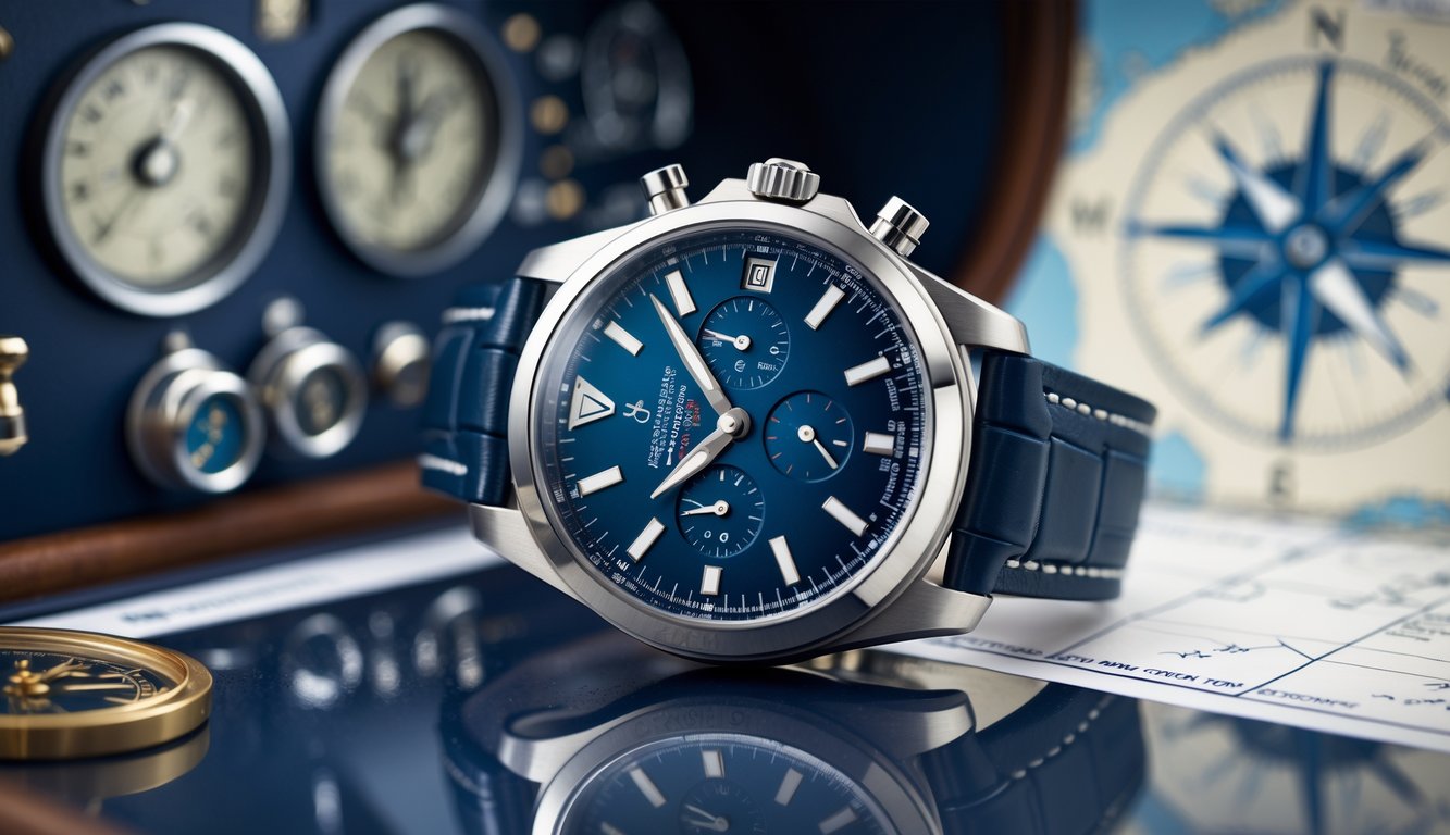 Jam tangan mewah dengan desain yang terinspirasi dari dunia penerbangan dan maritim, diletakkan di depan latar belakang kokpit pesawat dan peta navigasi laut.