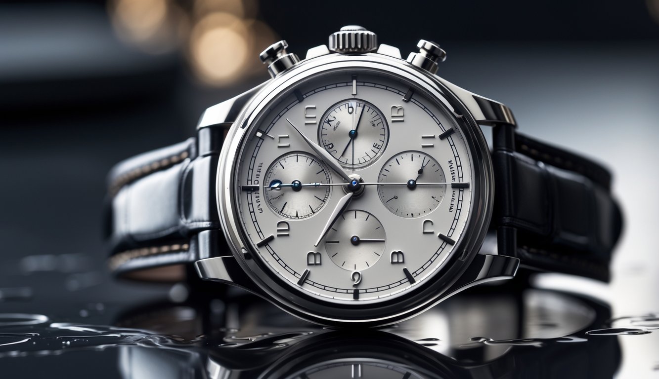 Foto close-up jam tangan mewah IWC Schaffhausen dengan detail desain yang elegan dan bahan berkualitas tinggi.