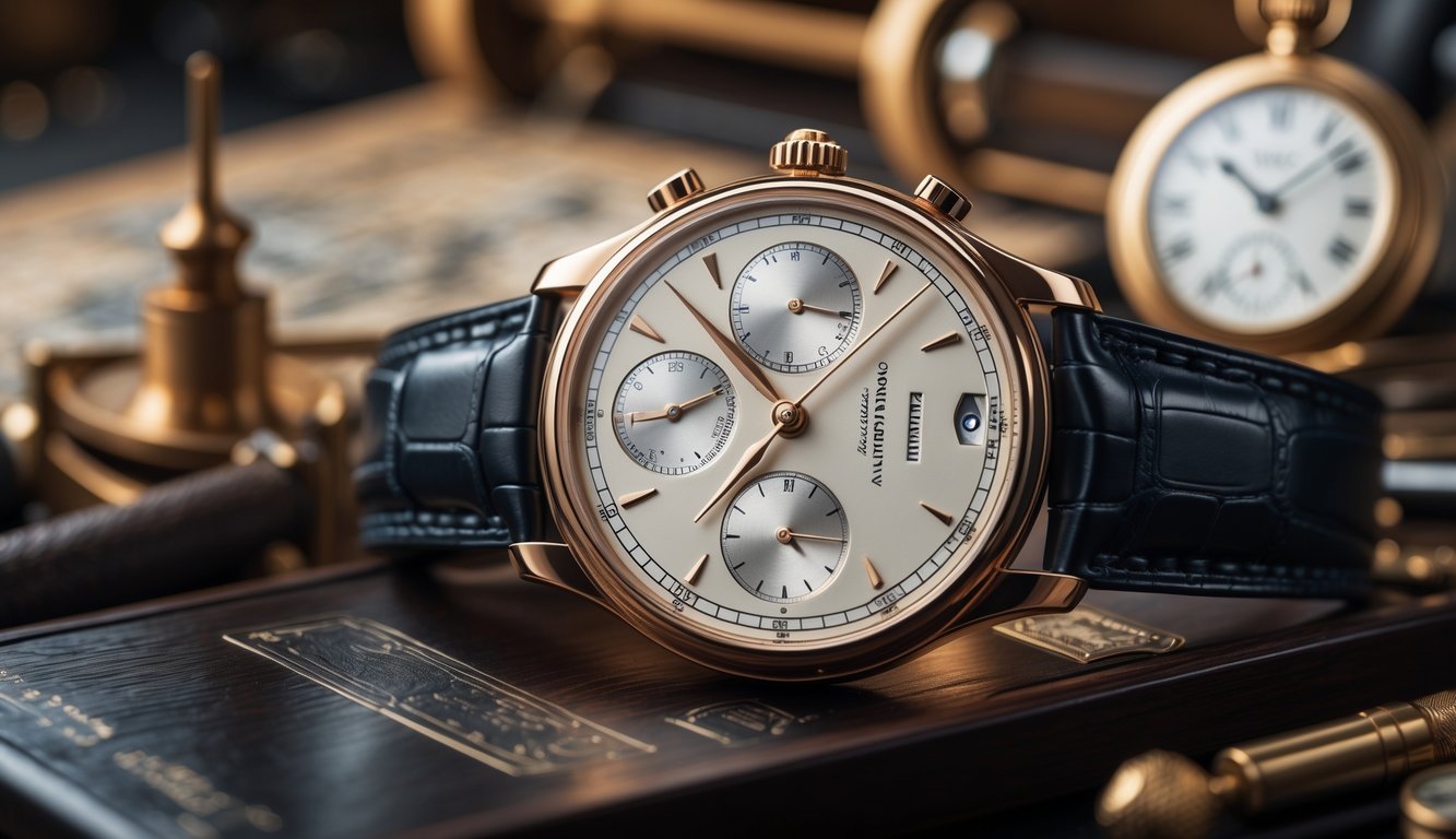 Foto close-up jam tangan mewah IWC Schaffhausen dengan detail halus, diletakkan di atas permukaan kayu gelap dengan alat pembuat jam dan sketsa di latar belakang.