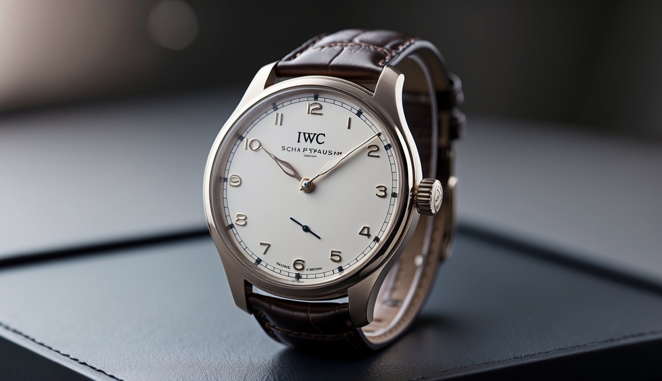 Jam tangan IWC Schaffhausen diletakkan di atas permukaan gelap dengan pencahayaan lembut yang menonjolkan detail desain dan bahan berkualitas tinggi.