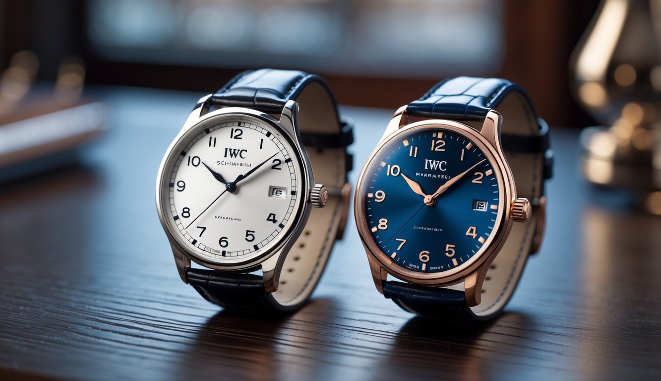 Dua jam tangan mewah IWC Schaffhausen diletakkan berdampingan di atas permukaan kayu gelap, menampilkan desain yang elegan dan detail yang halus.