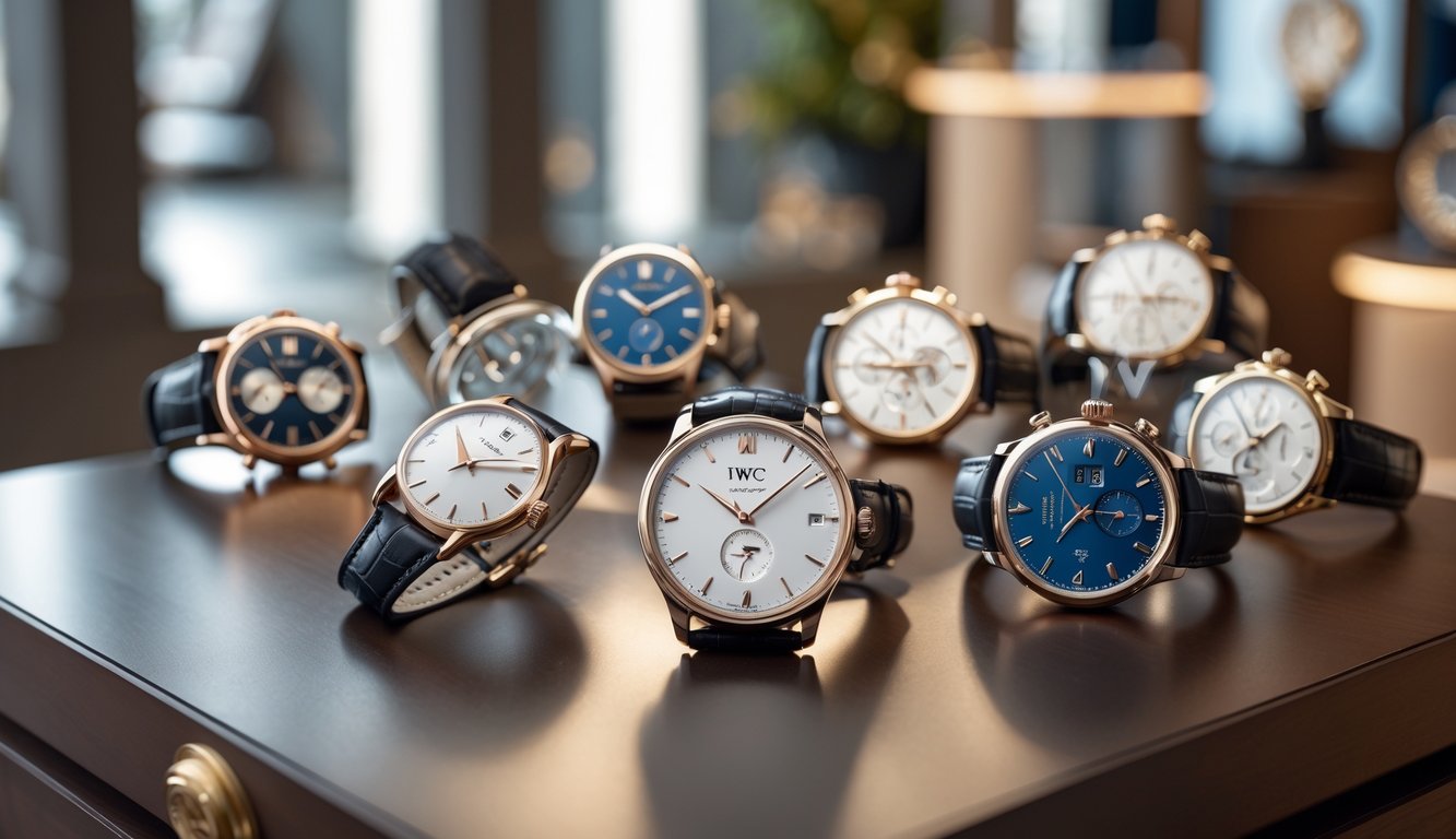 Beberapa jam tangan mewah IWC Schaffhausen ditampilkan di atas meja kayu dengan latar belakang butik jam tangan yang elegan.
