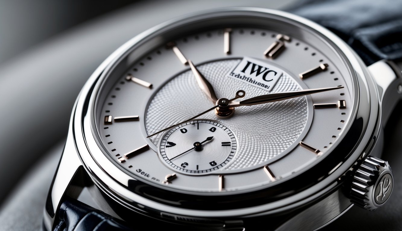 Foto close-up jam tangan IWC Schaffhausen yang menampilkan detail desain dial dan case yang indah.