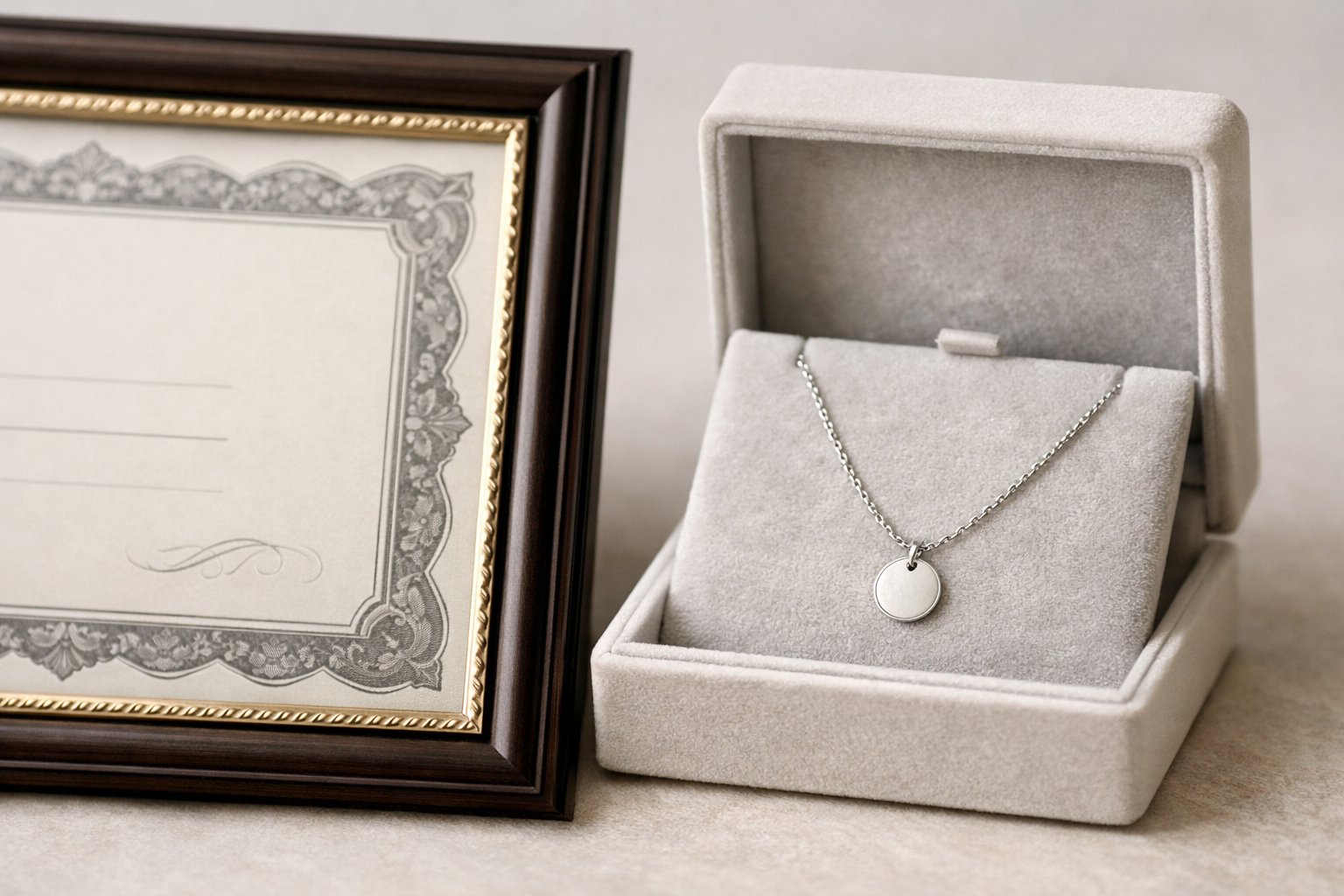 Close-up of a custom printed certificate next to a delicate message card necklace displayed on a soft cushion.