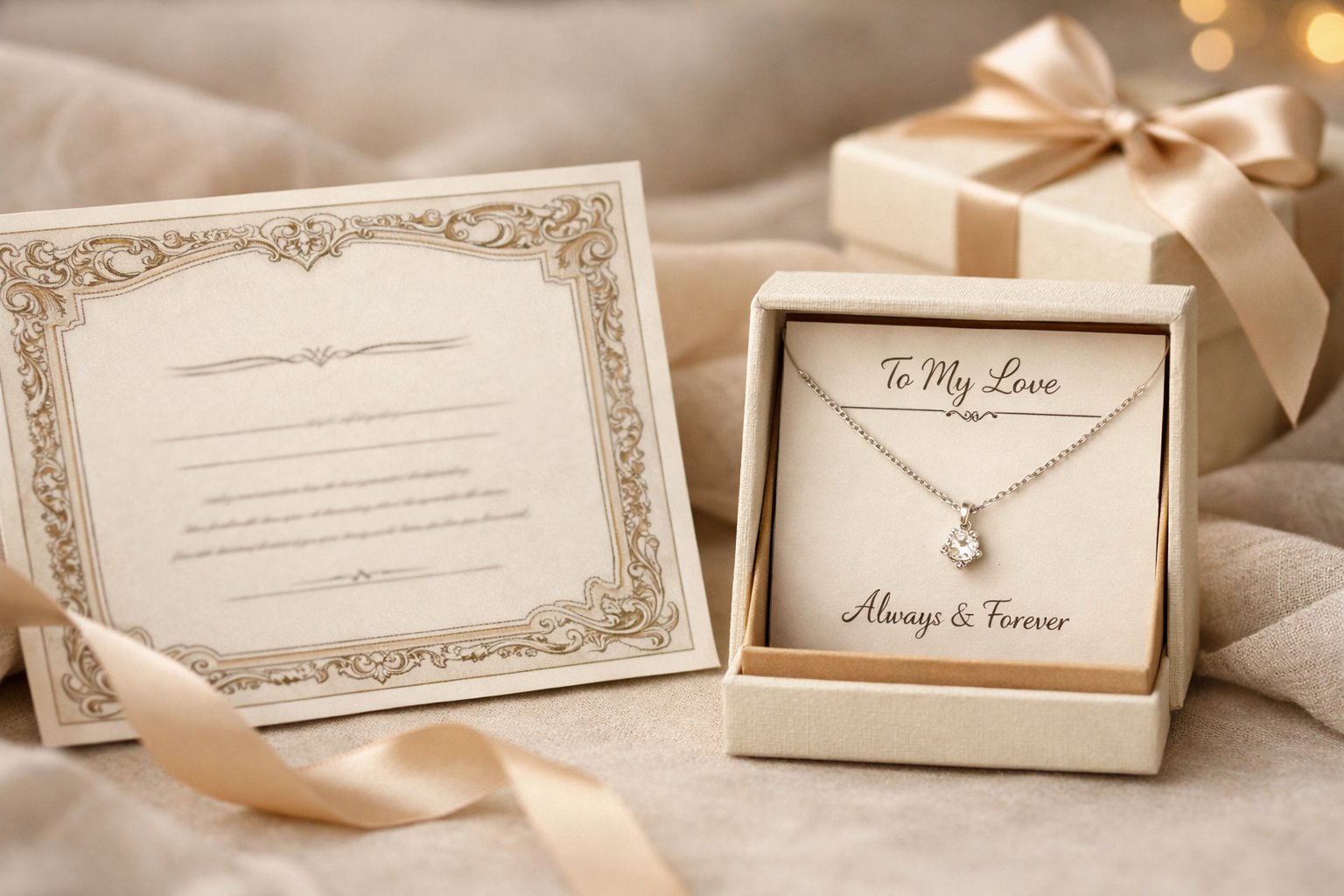 Close-up of a custom printed certificate and a message card necklace placed side by side on a soft surface with warm lighting.