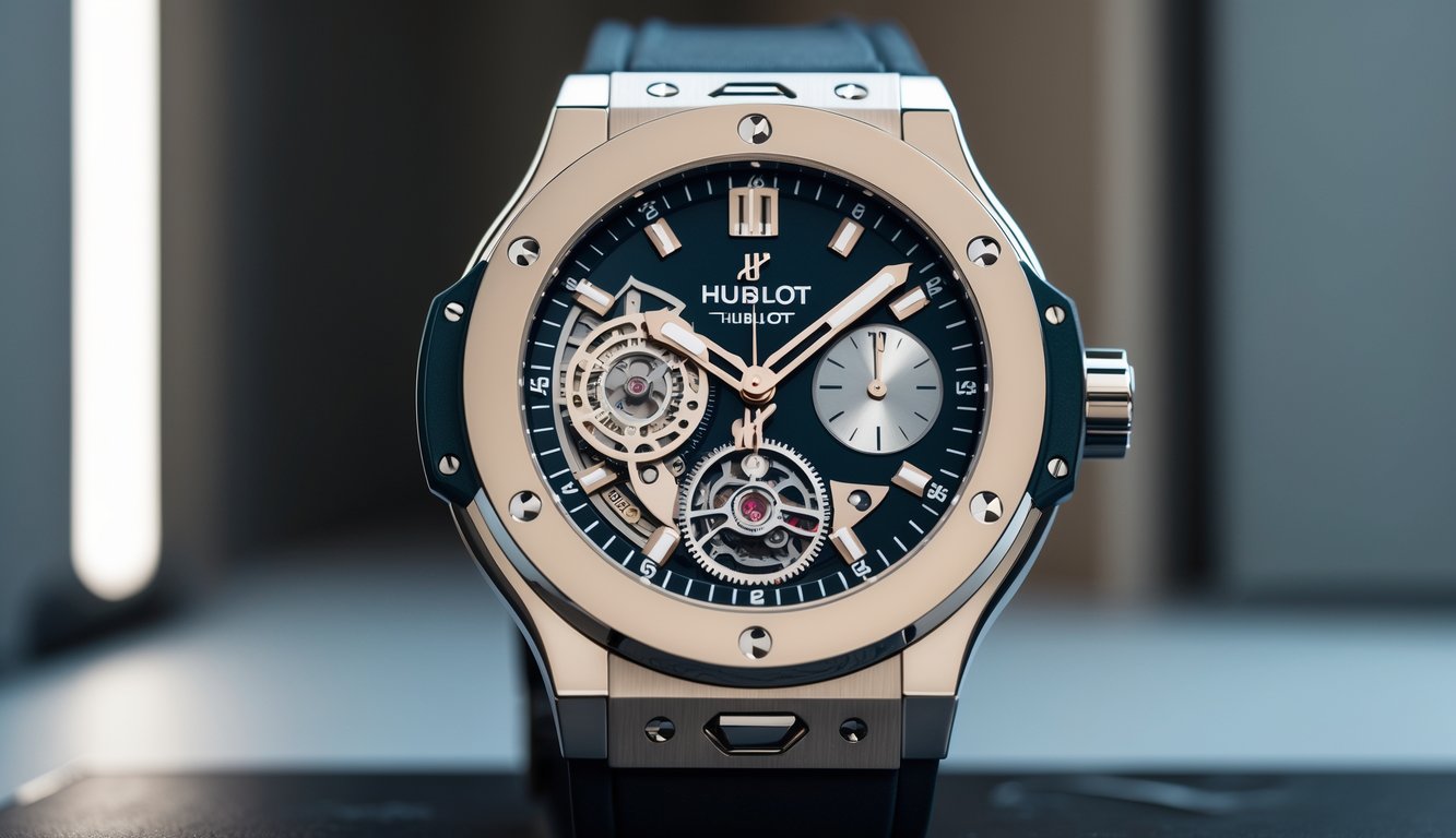 Foto jam tangan mewah Hublot dengan desain modern dan detail teknologi yang terlihat jelas.