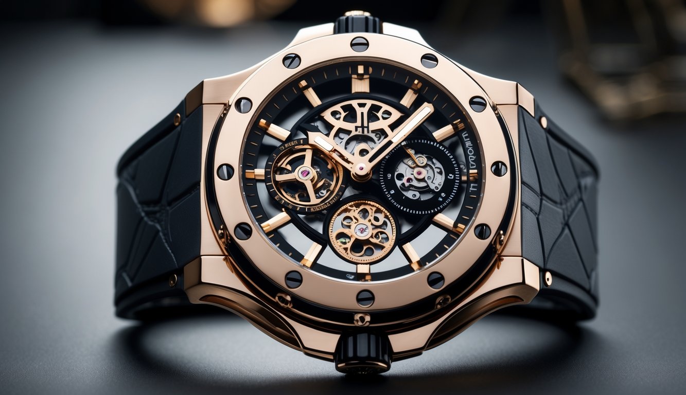 Foto jam tangan mewah Hublot dengan desain besar dan detail mekanis yang terlihat, terletak di latar belakang polos.