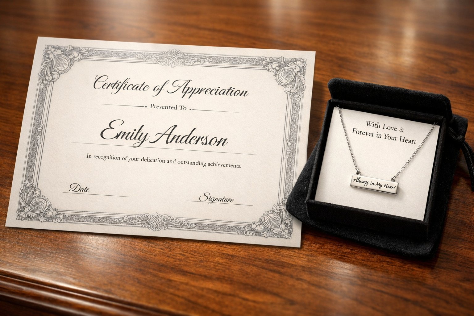 A custom printed certificate on a wooden desk next to a delicate message card necklace on a velvet pouch.
