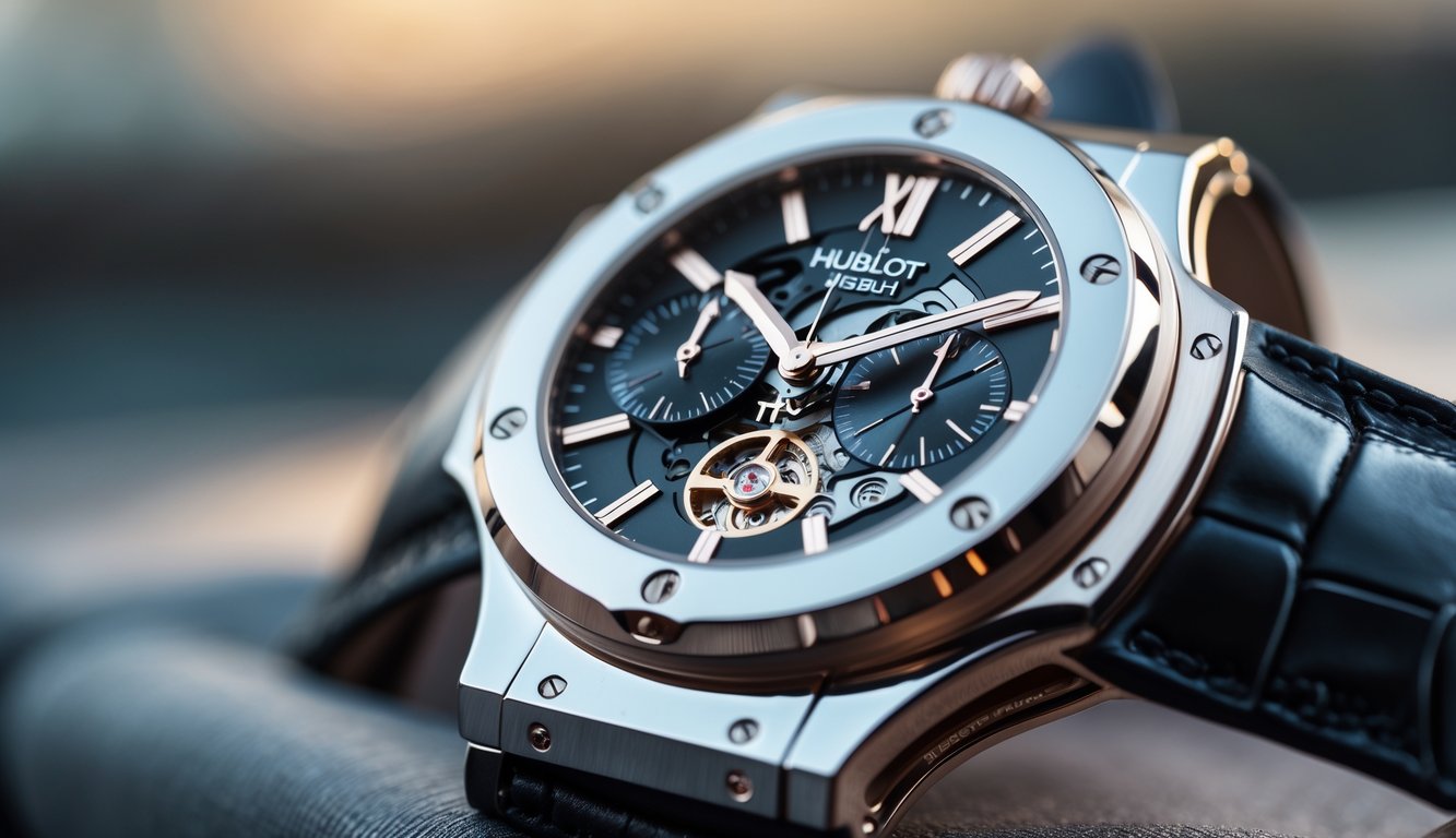 Foto close-up jam tangan Hublot Megah dengan desain elegan dan detail mekanis yang terlihat jelas.