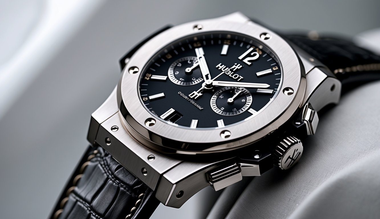 Foto close-up jam tangan Hublot dengan desain elegan dan detail yang menonjol.