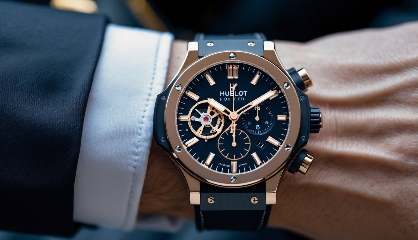 Seorang pria modern mengenakan jam tangan mewah dengan desain besar dan detail mekanis yang terlihat, berpakaian jas gelap, di latar belakang suasana kantor atau kota yang elegan.