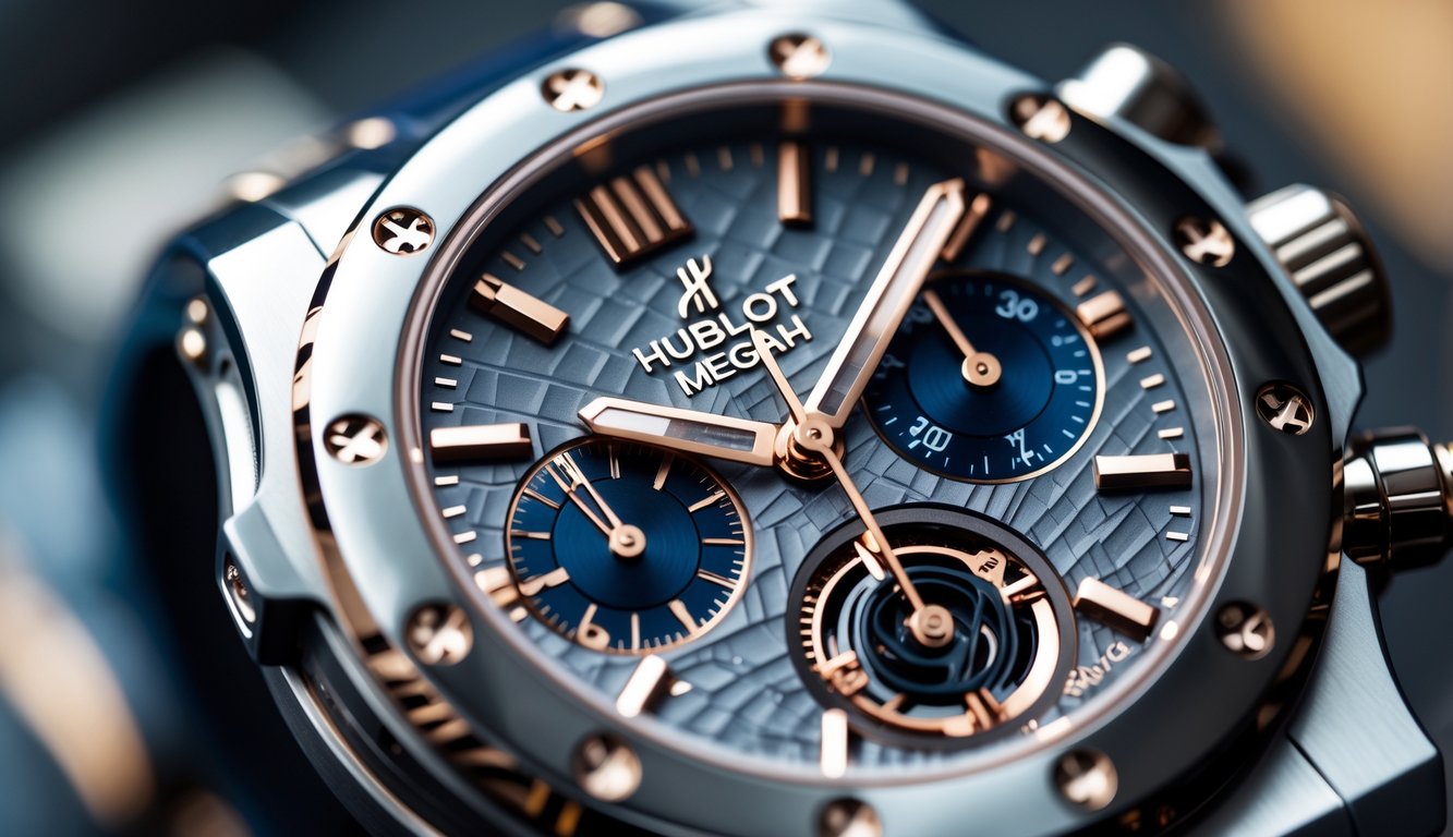 Foto close-up jam tangan Hublot Megah yang menampilkan detail desain mewah dan bahan berkualitas tinggi.