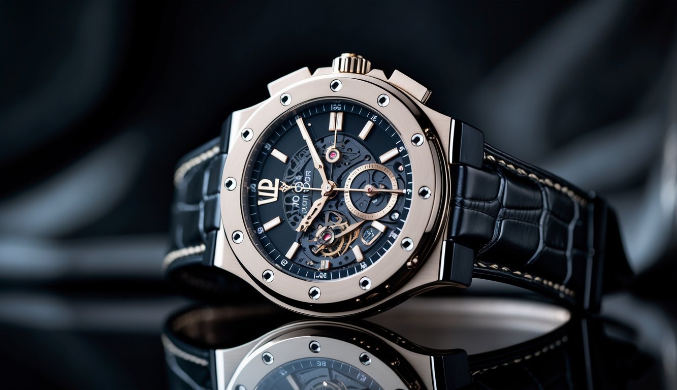 Foto jam tangan Hublot mewah dengan desain detail yang menonjol, diletakkan di permukaan hitam reflektif.