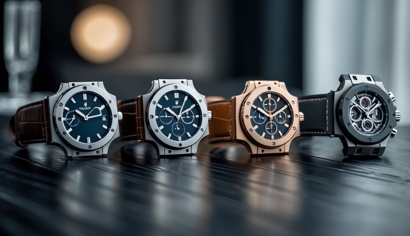 Deretan jam tangan Hublot yang menunjukkan perkembangan desain dari model klasik hingga modern, tersusun rapi di atas permukaan kayu gelap.