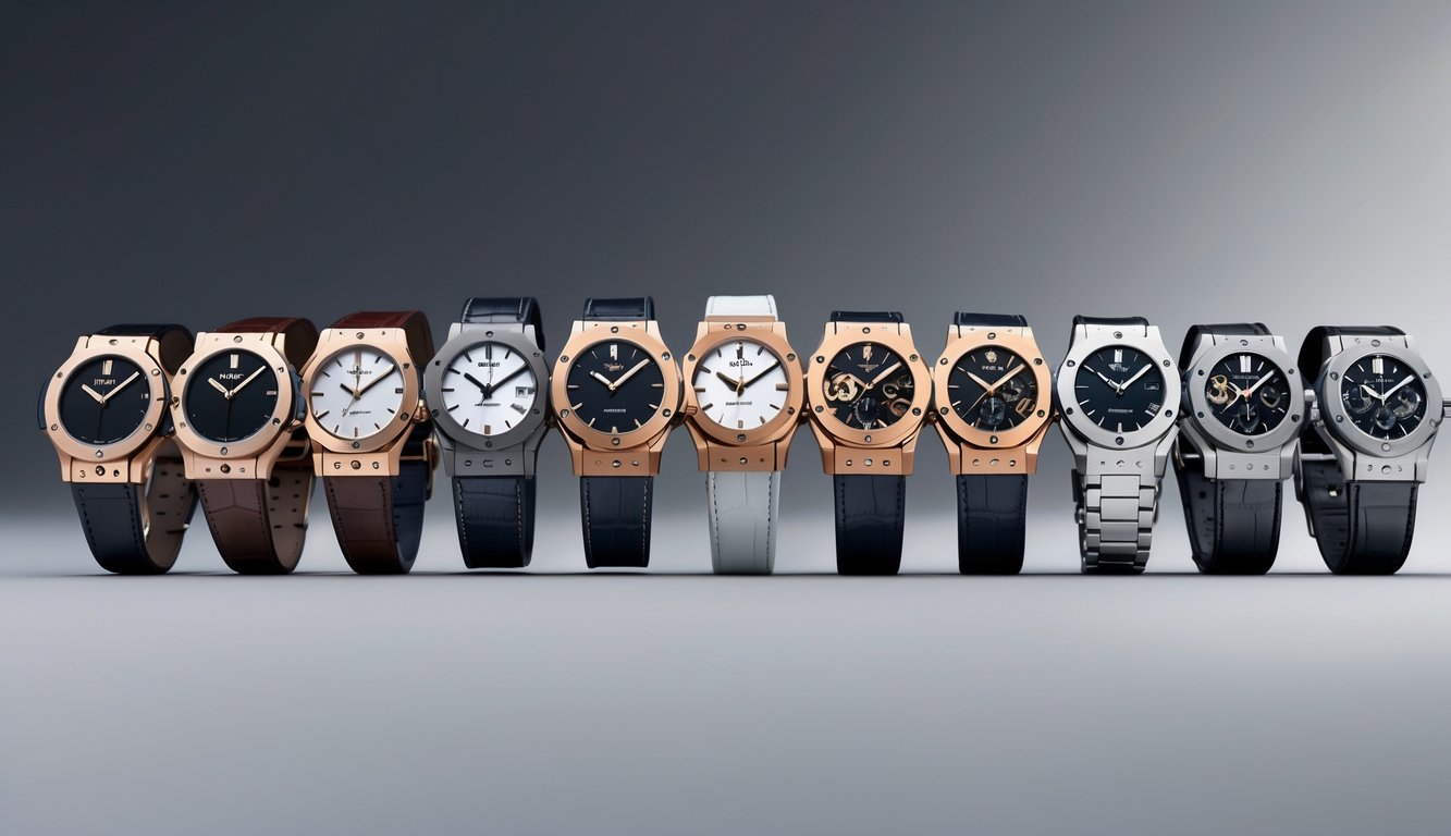 Deretan jam tangan Hublot dari model klasik hingga kontemporer yang ditampilkan secara rapi dengan latar belakang gelap hingga terang.