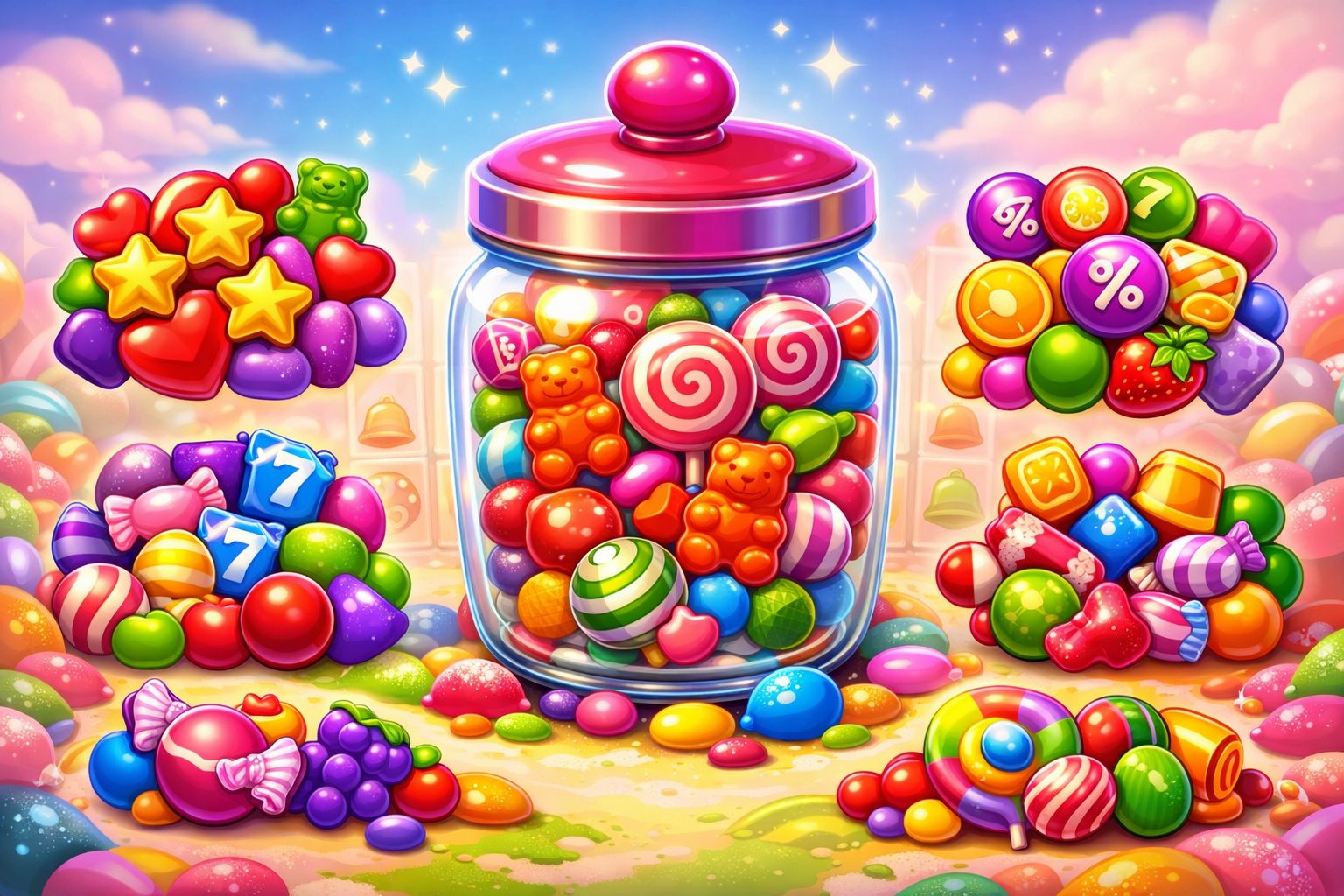 A Colorful Scene Showing A Glass Candy Jar Filled With Various Candies And Clusters Of Candies Spilling Around It.