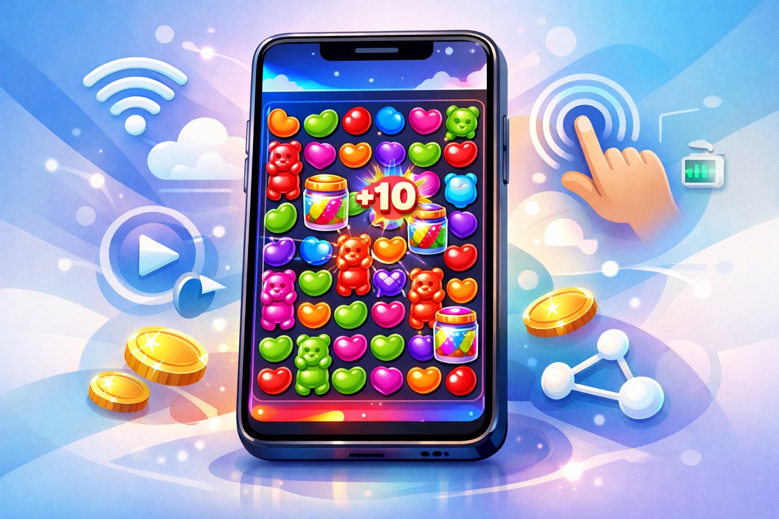A Mobile Phone Displaying A CandyThemed Slot Game With Colorful Candy Symbols And Icons Representing Mobile Connectivity Around It.