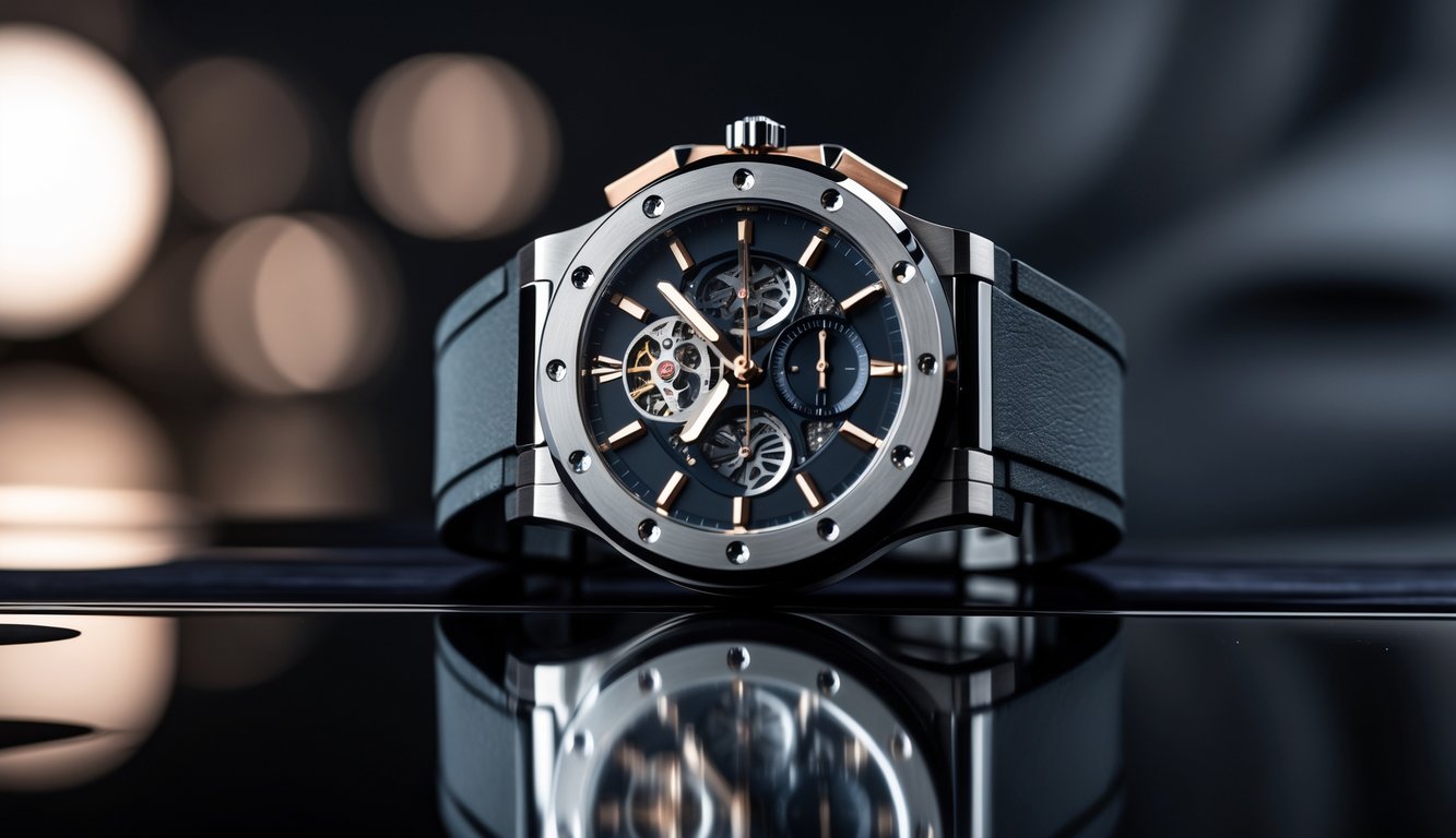 Sebuah jam tangan mewah Hublot dengan desain besar dan detail mekanis yang terlihat, diletakkan di atas permukaan hitam mengkilap.