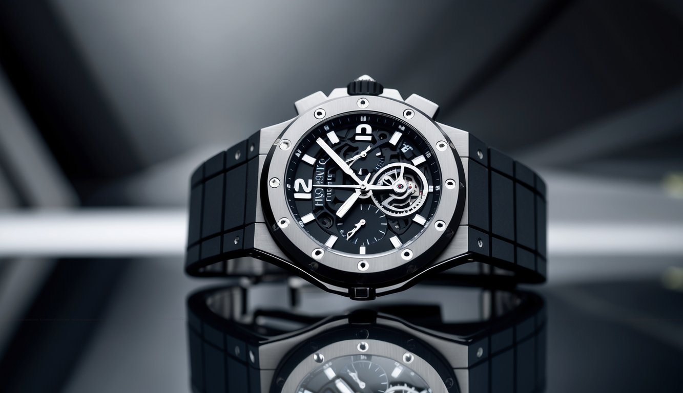 Foto close-up jam tangan Hublot mewah dengan desain unik dan detail mekanis yang terlihat jelas.