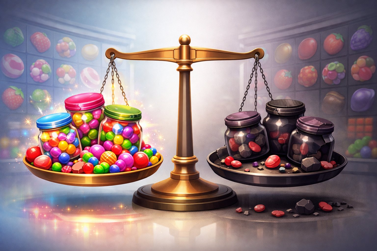 A Balanced Scene Showing Colorful Candy Jars Filled With Candies On One Side And Darker Candy Jars With Spilled Candies On The Other, With A Subtle Scale In The Middle Representing Pros And Cons.