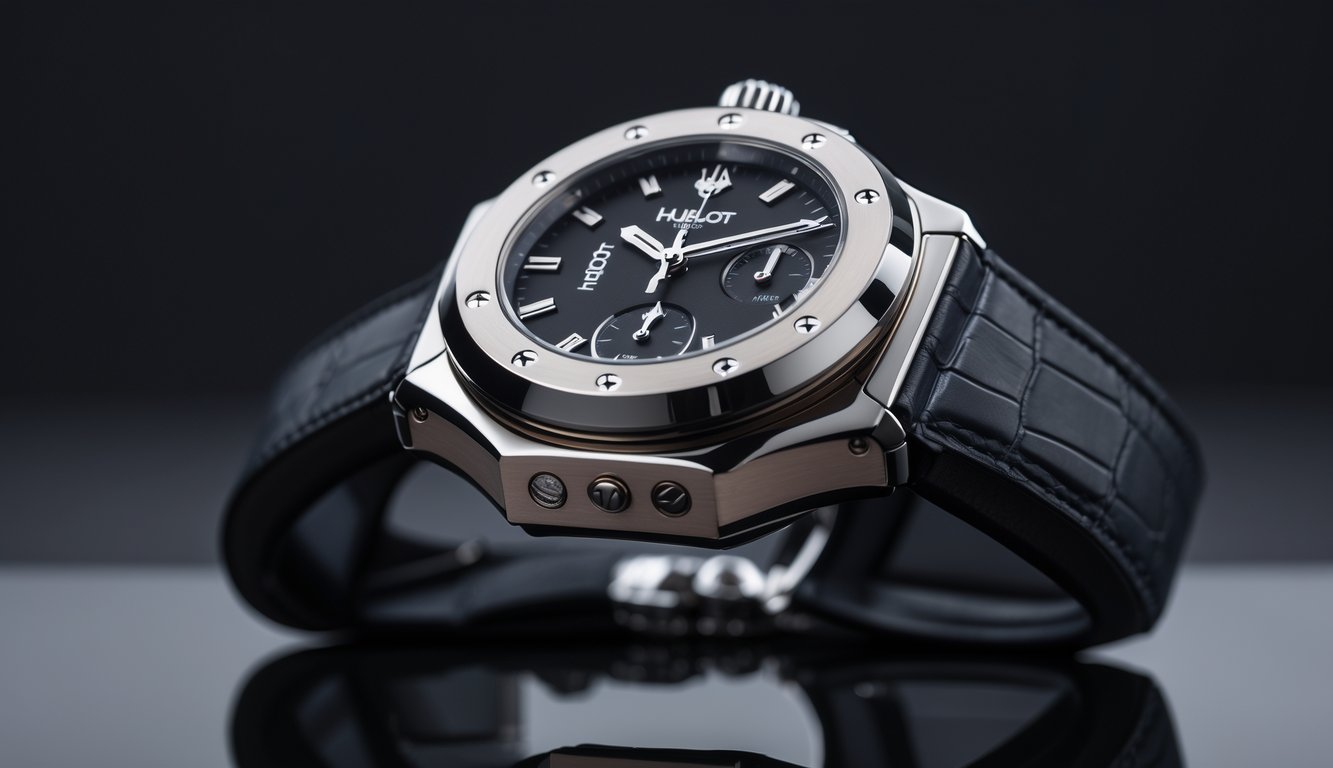Gambar jam tangan Hublot mewah dengan desain besar dan bahan berkualitas tinggi, diletakkan di atas permukaan hitam reflektif.