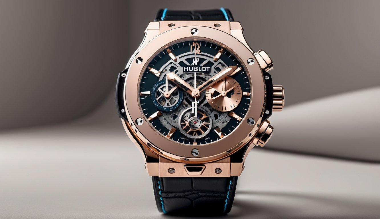 Jam tangan Hublot mewah dengan desain besar dan detail mekanis yang rumit, terbuat dari bahan premium dengan tali kulit hitam.