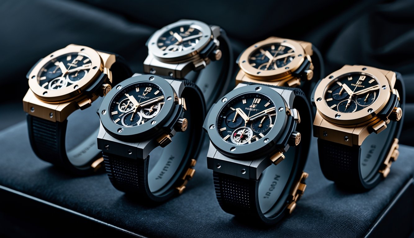 Beberapa jam tangan Hublot mewah ditata rapi di atas permukaan beludru hitam dengan pencahayaan lembut yang menonjolkan detail dan desainnya.
