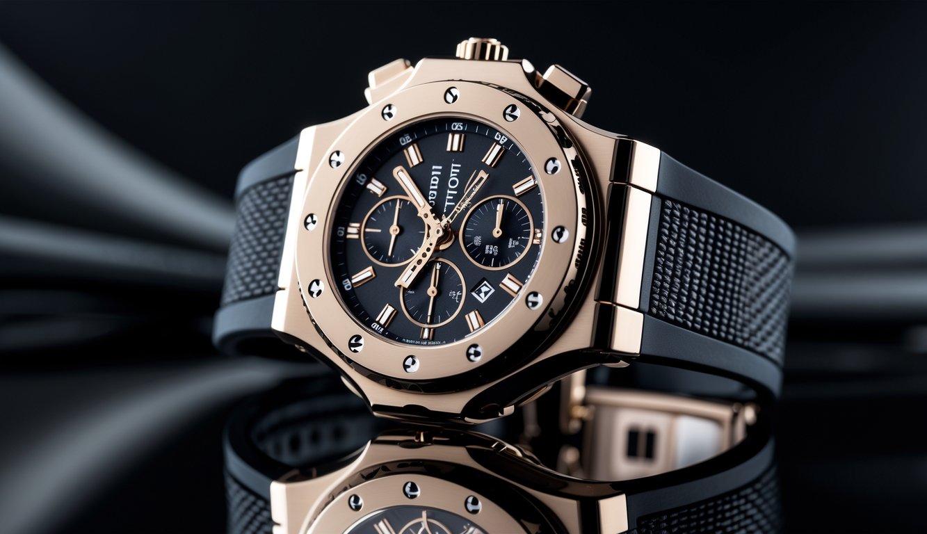 Foto jam tangan mewah Hublot dengan desain unik dan detail yang menonjol, diletakkan di atas permukaan reflektif dengan latar belakang gelap.