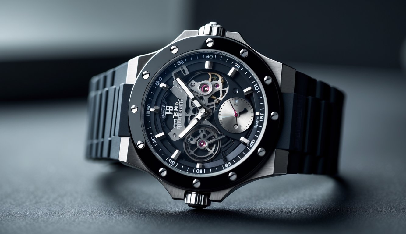 Foto close-up jam tangan Hublot dengan desain mewah dan detail mekanis yang terlihat jelas.