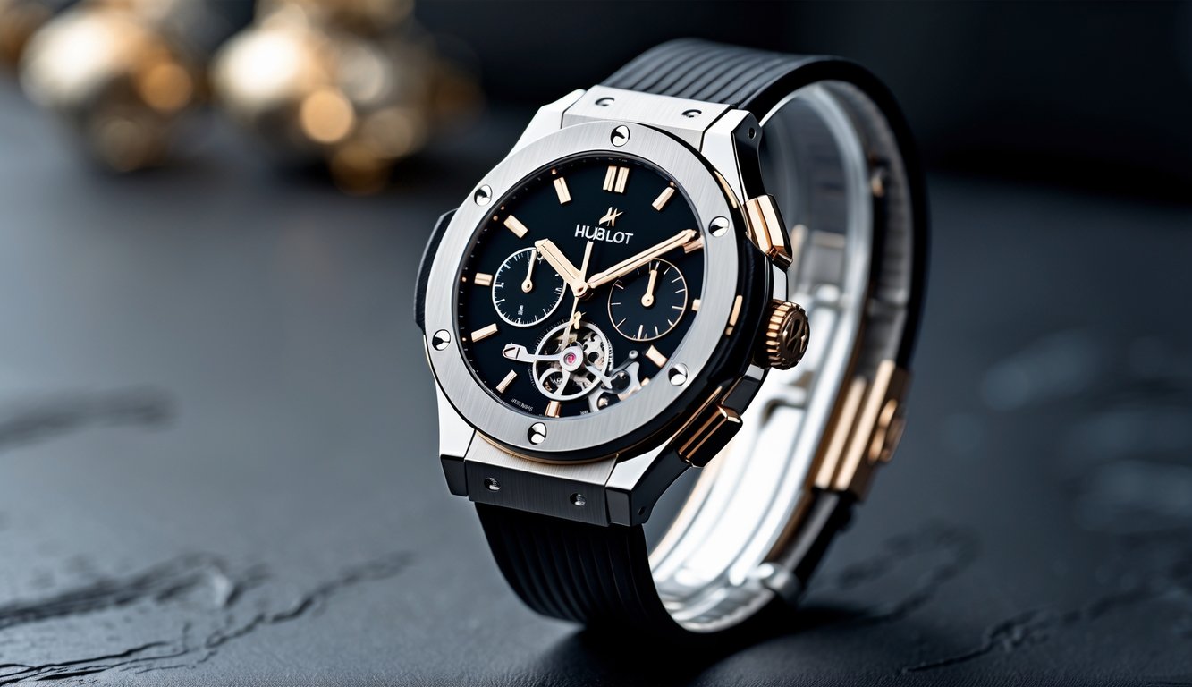 Jam tangan mewah Hublot dengan desain modern dan elegan diletakkan di atas permukaan gelap dengan pencahayaan lembut.