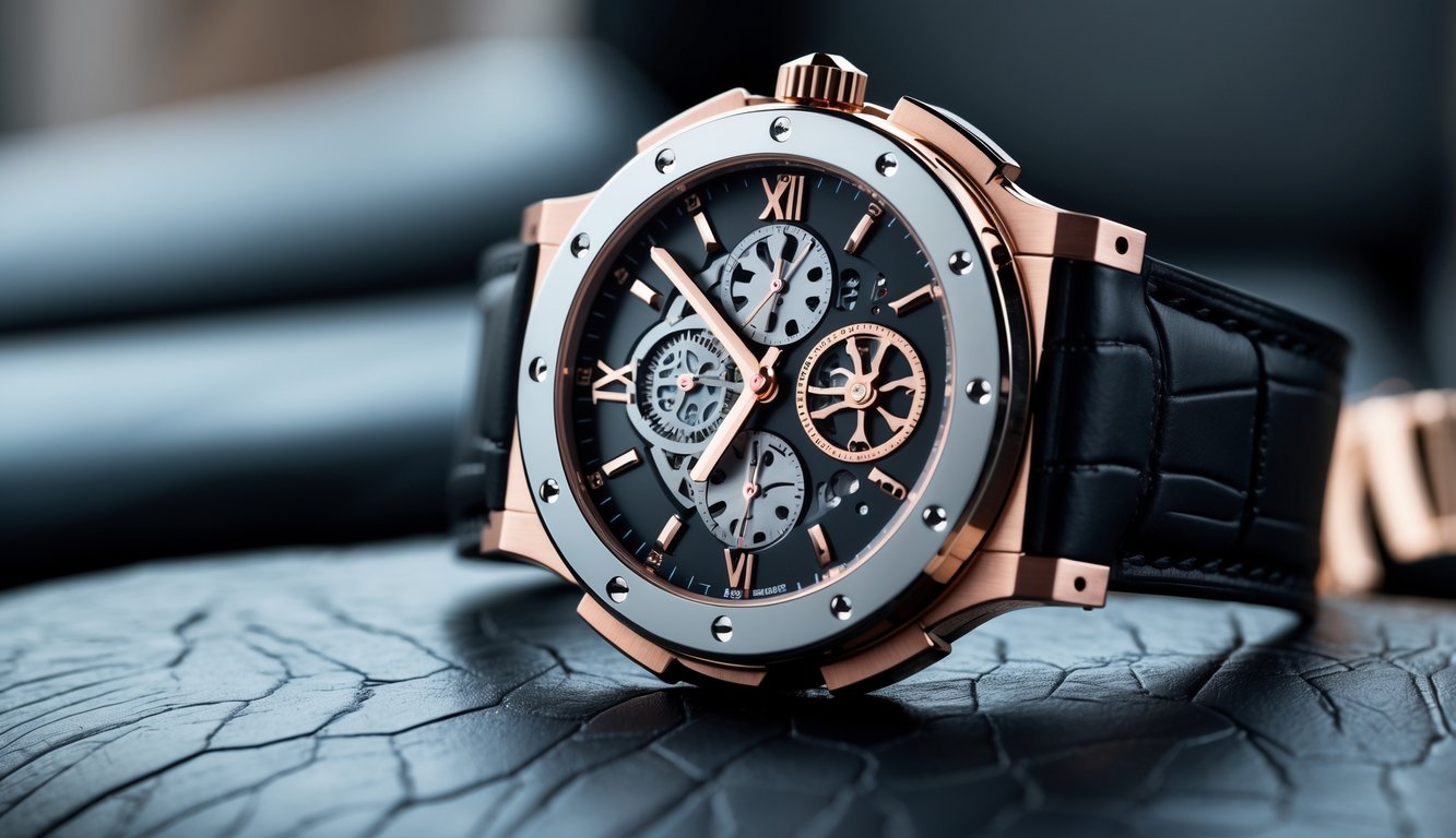 Jam tangan Hublot mewah dengan desain modern diletakkan di atas permukaan kulit hitam.