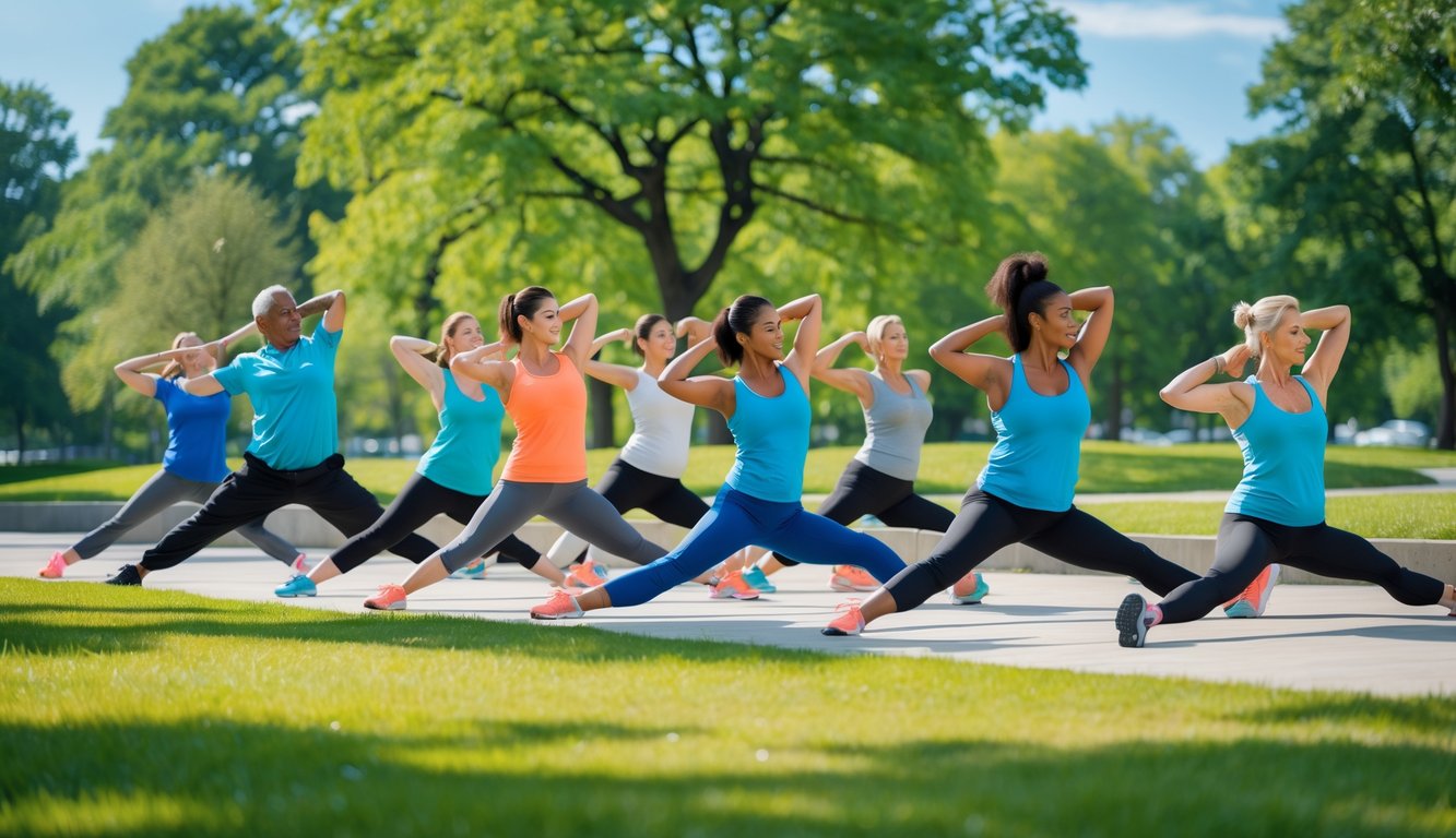 Sekelompok orang melakukan peregangan di taman yang cerah untuk meningkatkan kesehatan dan fleksibilitas tubuh.