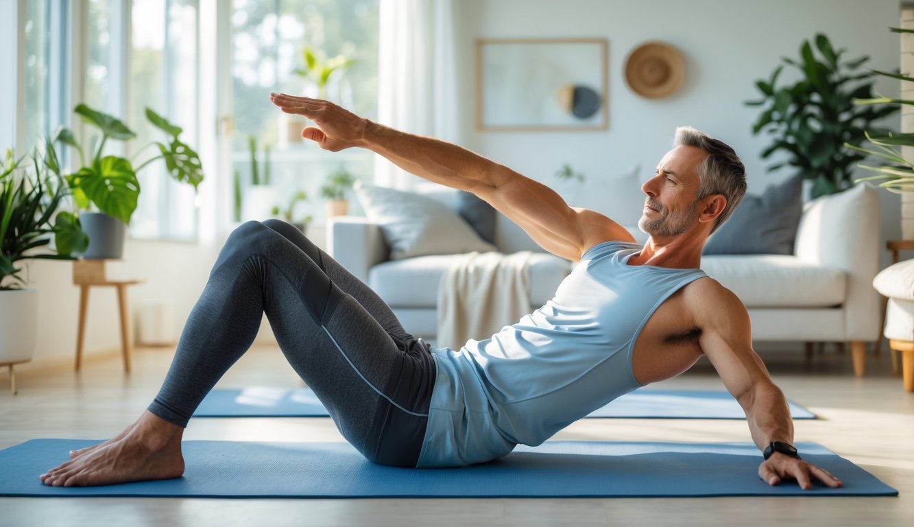 Seorang pria melakukan peregangan otot dan sendi di ruang tamu rumah yang terang dan rapi.