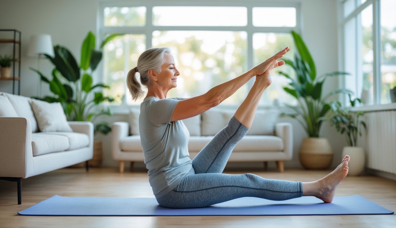 Seorang wanita melakukan peregangan di atas matras yoga di ruang tamu yang terang dan nyaman di rumah.