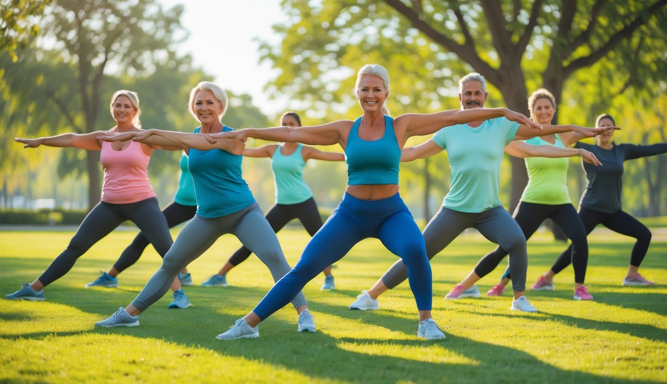 Sekelompok orang melakukan peregangan pagi di taman yang cerah untuk menjaga kesehatan dan kebugaran.