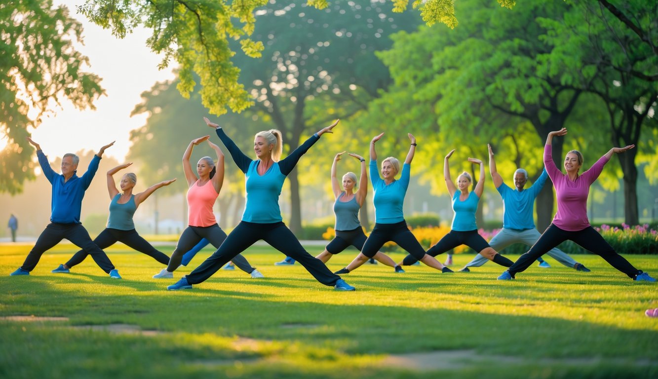 Sekelompok orang melakukan peregangan pagi hari di taman dengan sinar matahari dan pepohonan hijau.