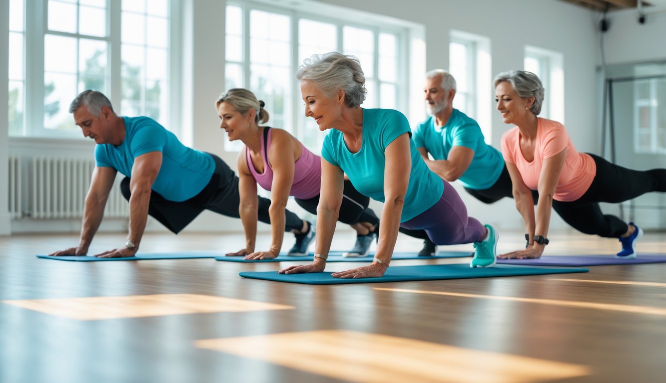 Sekelompok orang dewasa melakukan peregangan di studio kebugaran yang terang dan luas.