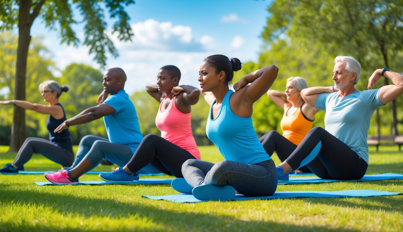 Sekelompok orang melakukan olahraga peregangan di taman terbuka dengan latar belakang pepohonan dan langit biru.