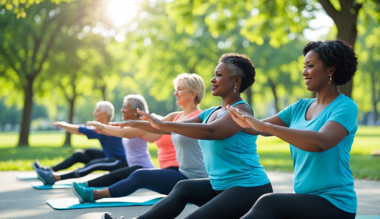 Sekelompok orang dewasa melakukan peregangan ringan di taman terbuka dengan latar belakang pepohonan hijau dan langit cerah.